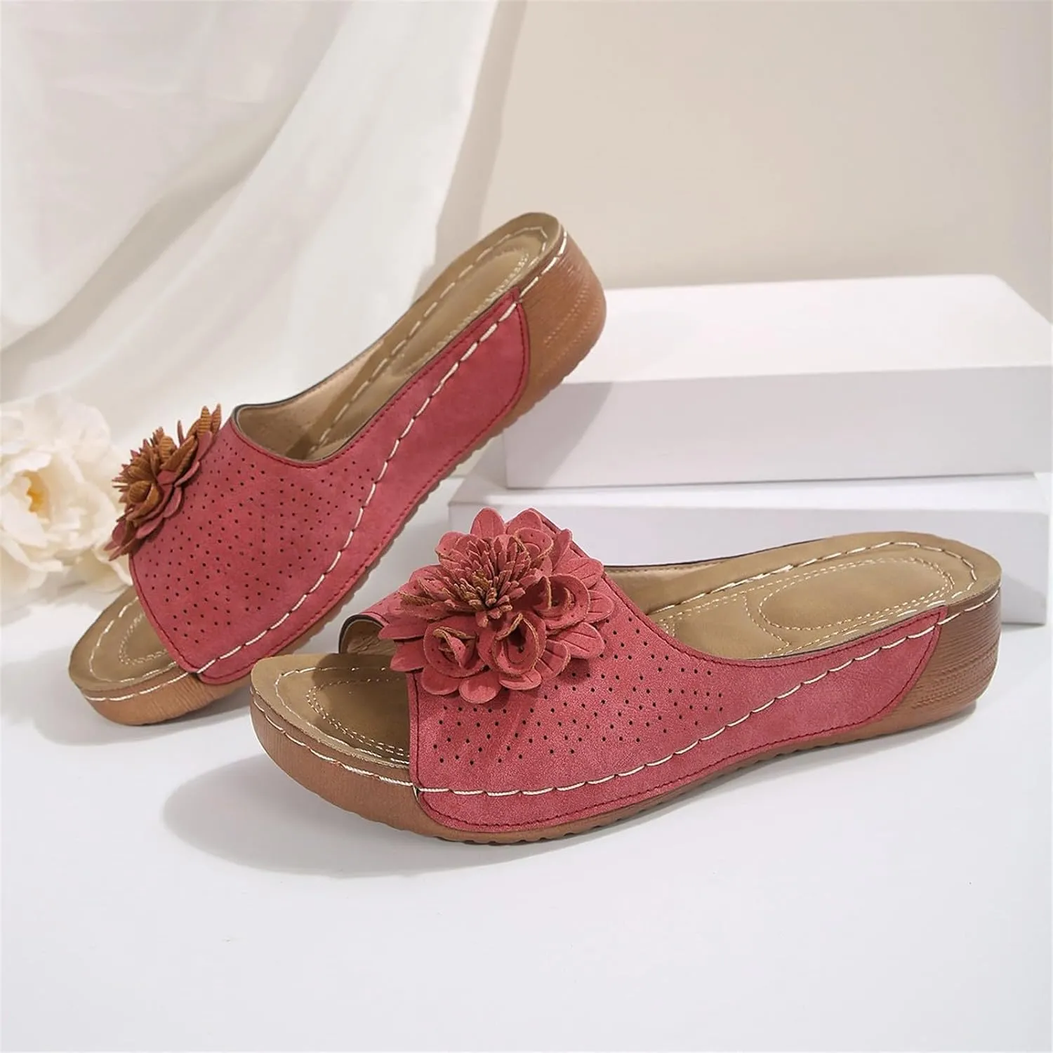 Flowers Orthopedic Sandals for Women 2025 Arch Support Fish Mouth Open Toe Leather Slippers Womens Breathable Slip On Wedge Platform Slide Sandals