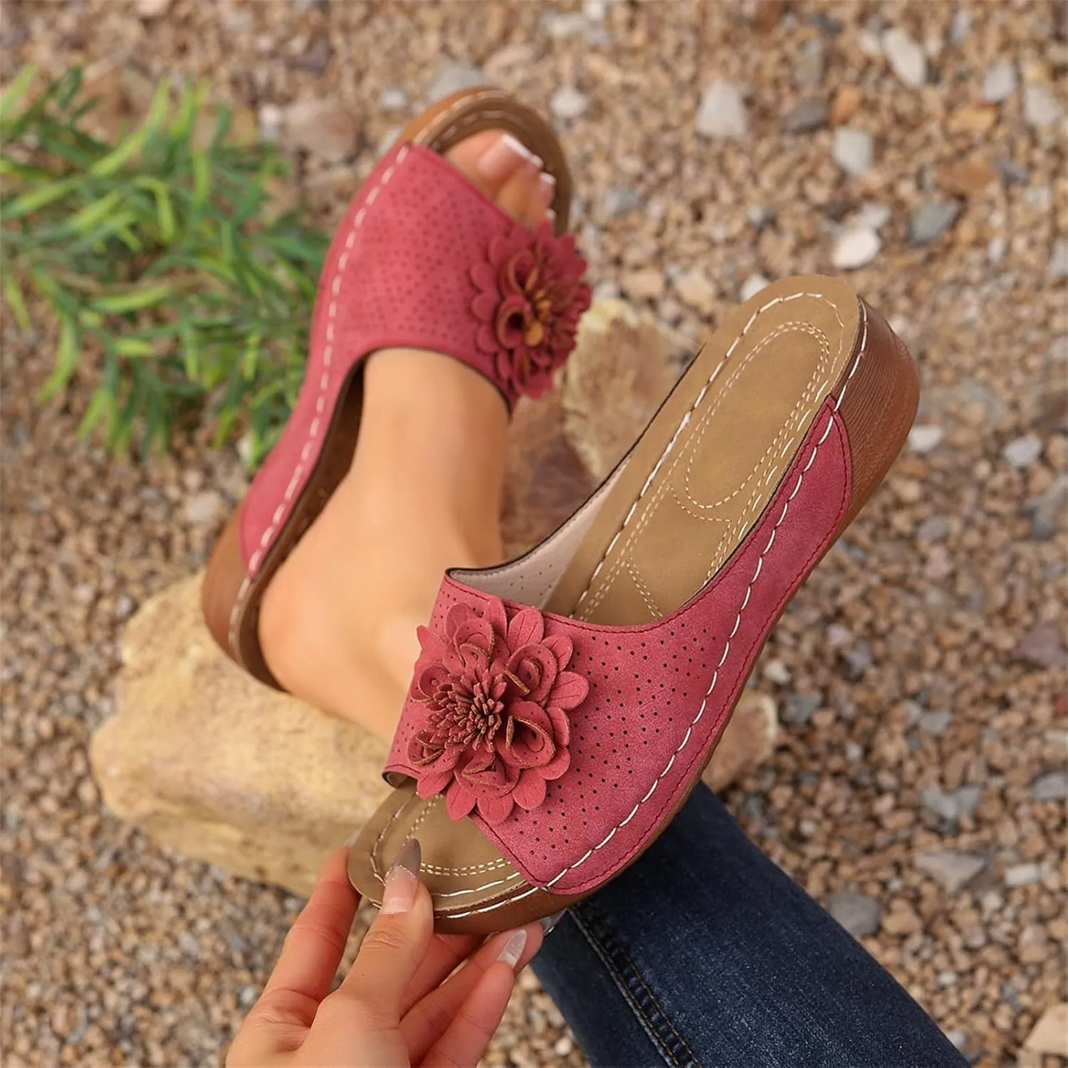 Flowers Orthopedic Sandals for Women 2025 Arch Support Fish Mouth Open Toe Leather Slippers Womens Breathable Slip On Wedge Platform Slide Sandals