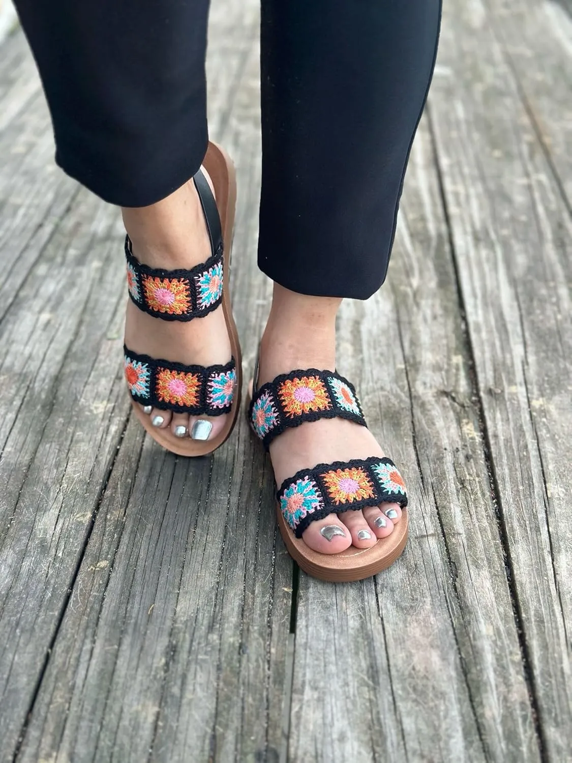 Forever Link Women's Flat Ankle Strap Crochet Sandals