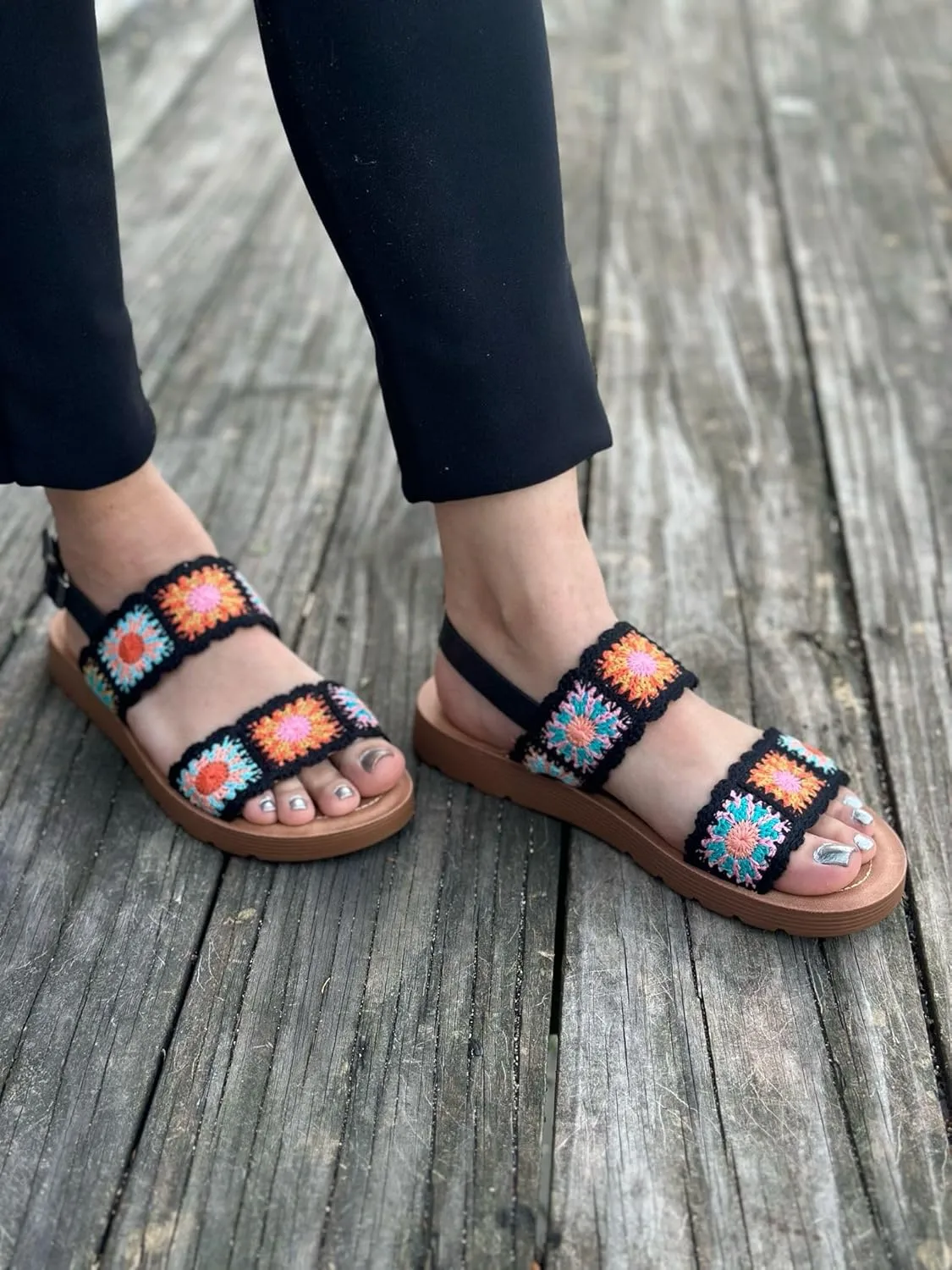 Forever Link Women's Flat Ankle Strap Crochet Sandals