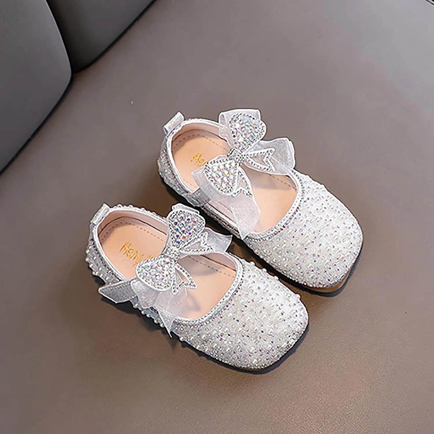 Girls Mary Jane Flats Rhinestone Slip on Ballet Shoes Glitter Pearl Princess Wedding Shoes Toddler/Little/Big Kids