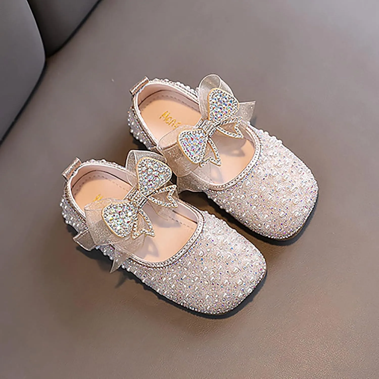 Girls Mary Jane Flats Rhinestone Slip on Ballet Shoes Glitter Pearl Princess Wedding Shoes Toddler/Little/Big Kids