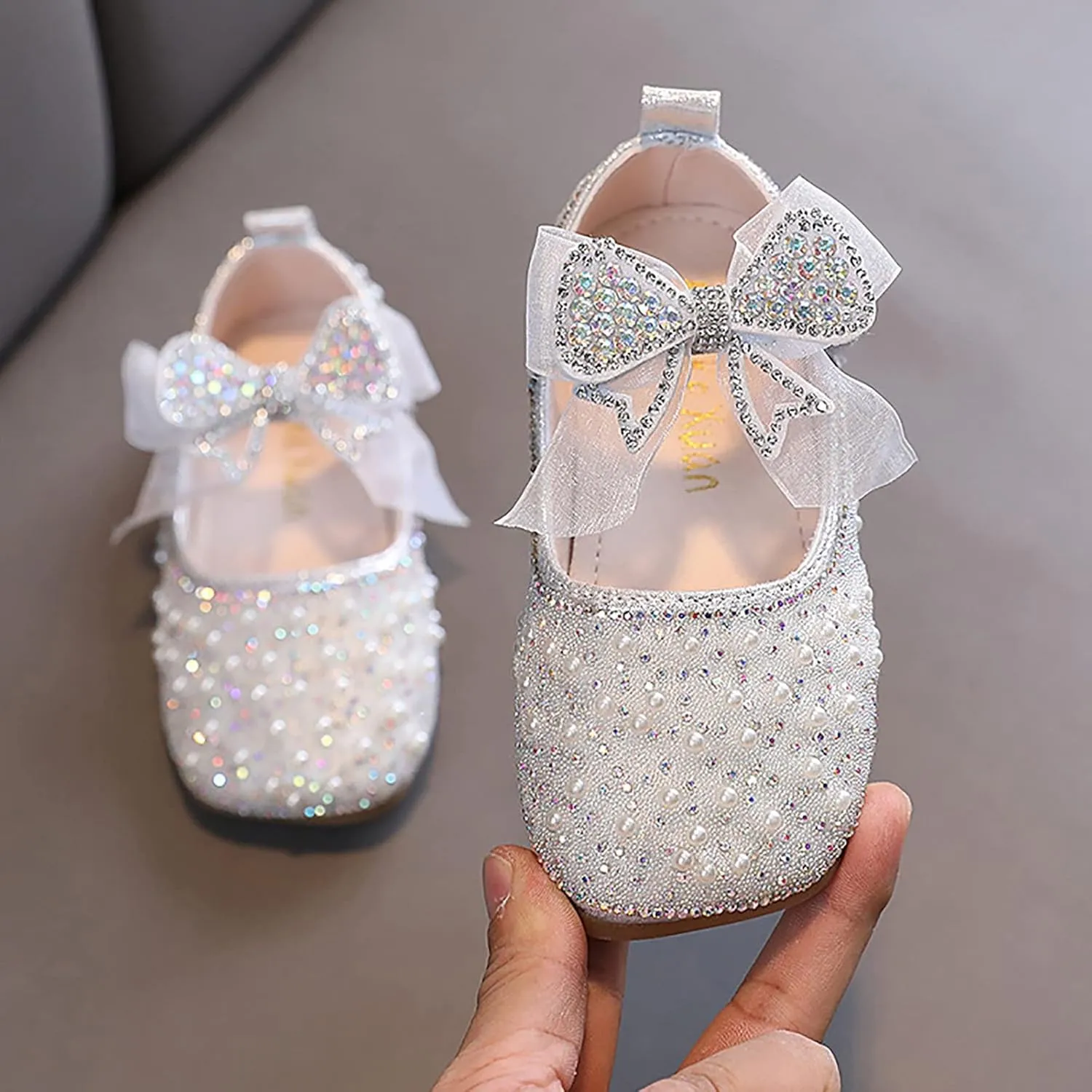 Girls Mary Jane Flats Rhinestone Slip on Ballet Shoes Glitter Pearl Princess Wedding Shoes Toddler/Little/Big Kids