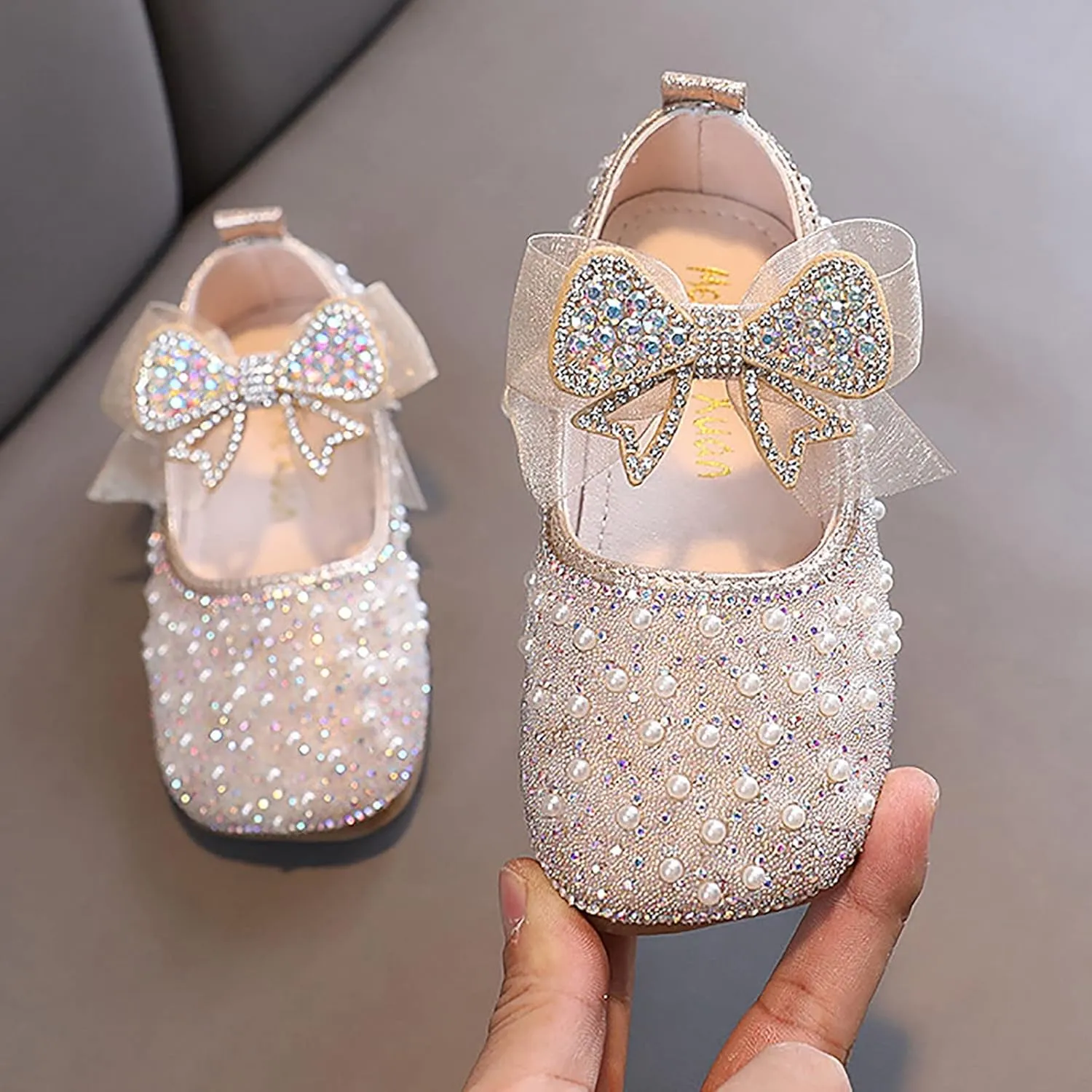 Girls Mary Jane Flats Rhinestone Slip on Ballet Shoes Glitter Pearl Princess Wedding Shoes Toddler/Little/Big Kids