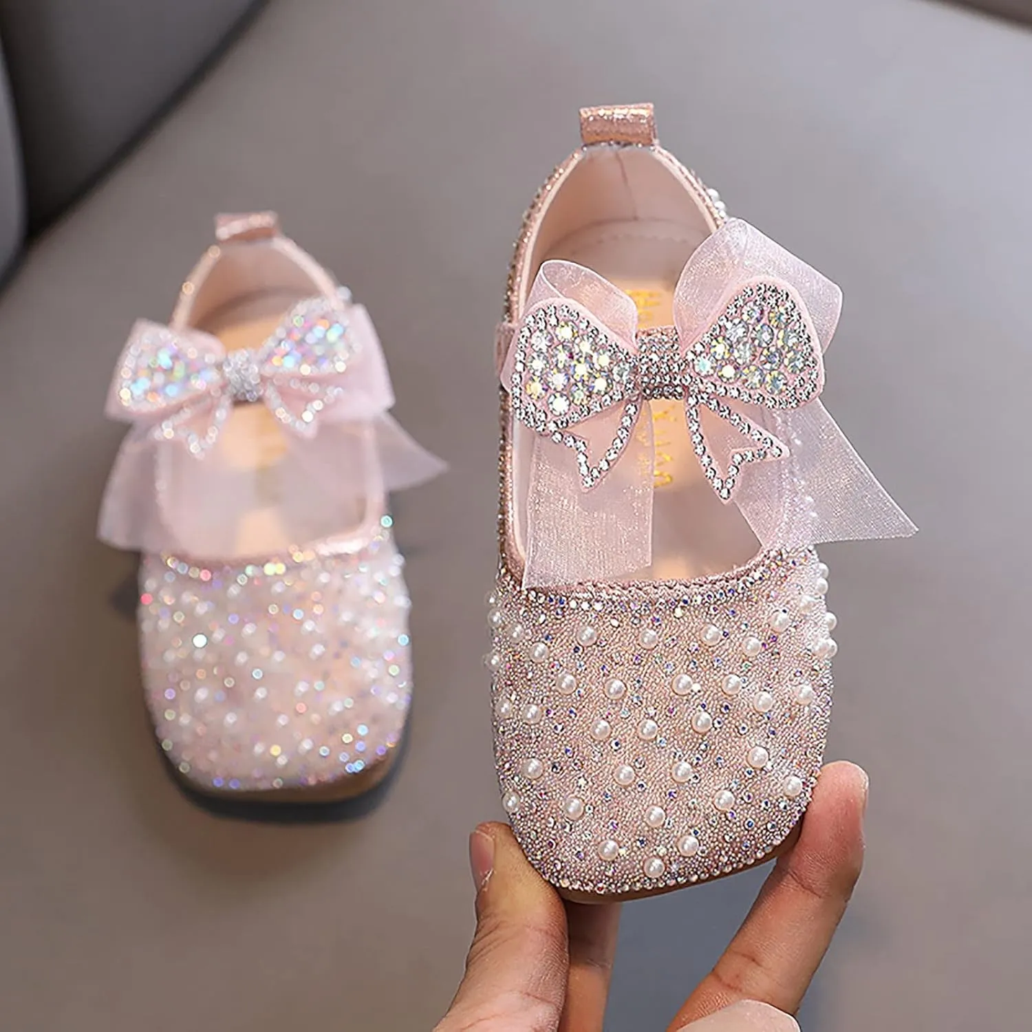 Girls Mary Jane Flats Rhinestone Slip on Ballet Shoes Glitter Pearl Princess Wedding Shoes Toddler/Little/Big Kids