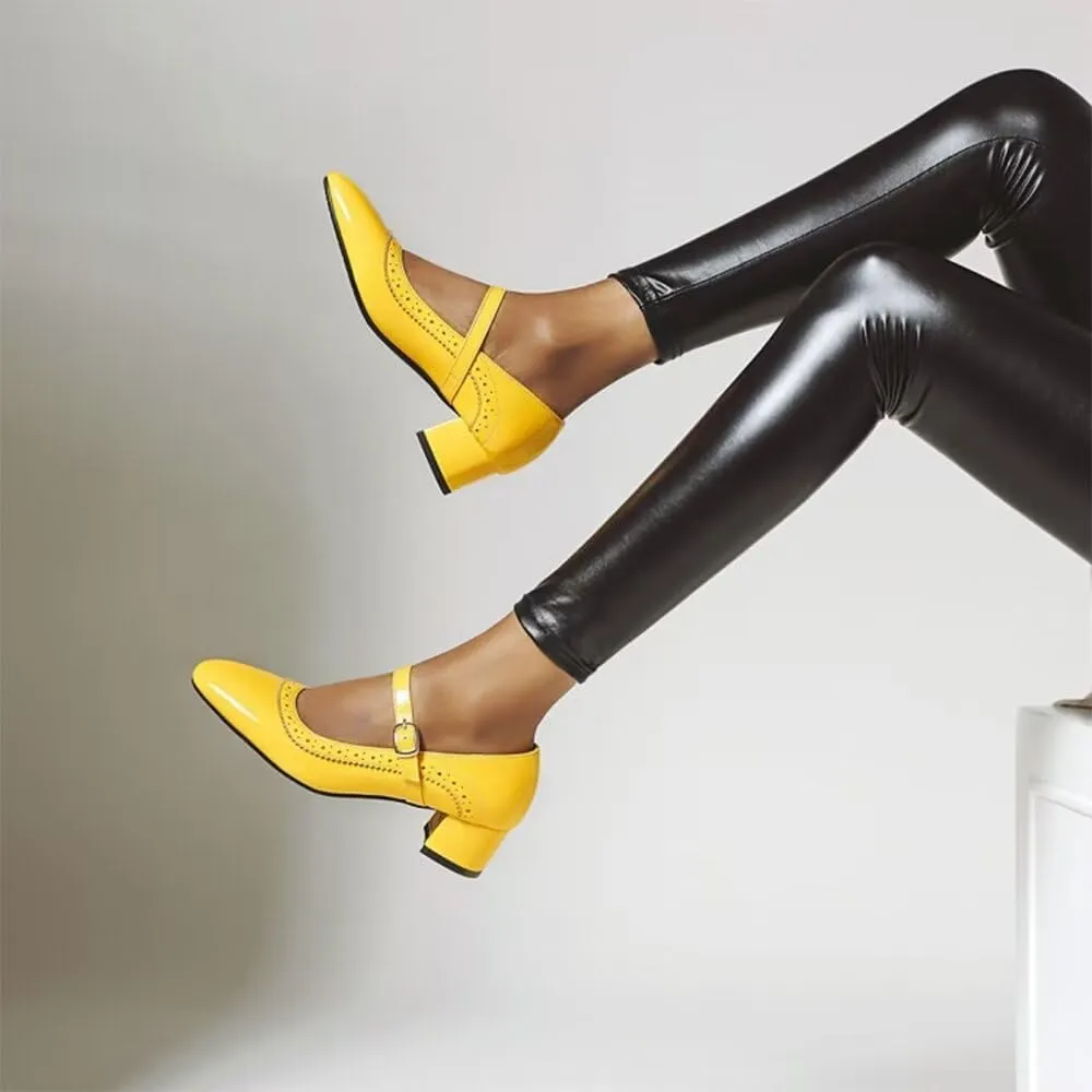 Hee grand Vintage Mary Jane Shoes Chunky Heels for Women Square Toe Adjustable Strap Pump PU Leather Brogue Work Heels Dress Shoes