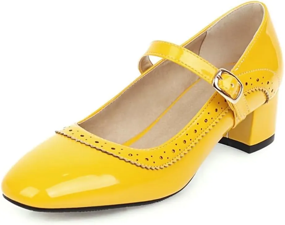 Hee grand Vintage Mary Jane Shoes Chunky Heels for Women Square Toe Adjustable Strap Pump PU Leather Brogue Work Heels Dress Shoes