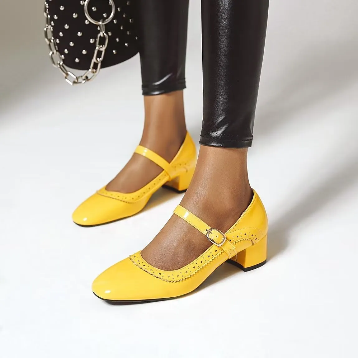 Hee grand Vintage Mary Jane Shoes Chunky Heels for Women Square Toe Adjustable Strap Pump PU Leather Brogue Work Heels Dress Shoes