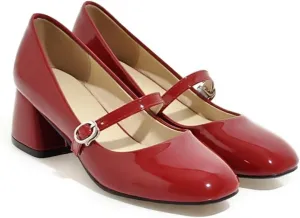 Hee grand Vintage Mary Jane Shoes Chunky Heels for Women Square Toe Adjustable Strap Pump PU Leather Brogue Work Heels Dress Shoes