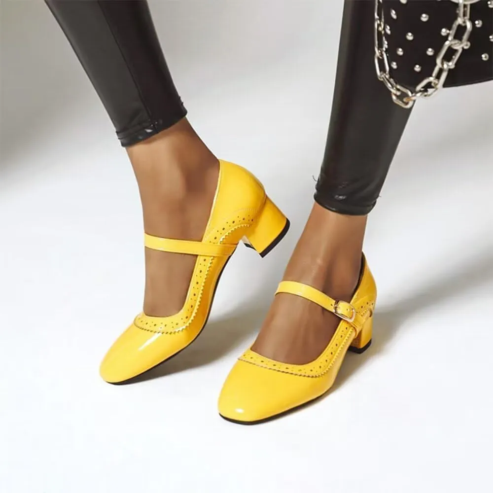 Hee grand Vintage Mary Jane Shoes Chunky Heels for Women Square Toe Adjustable Strap Pump PU Leather Brogue Work Heels Dress Shoes