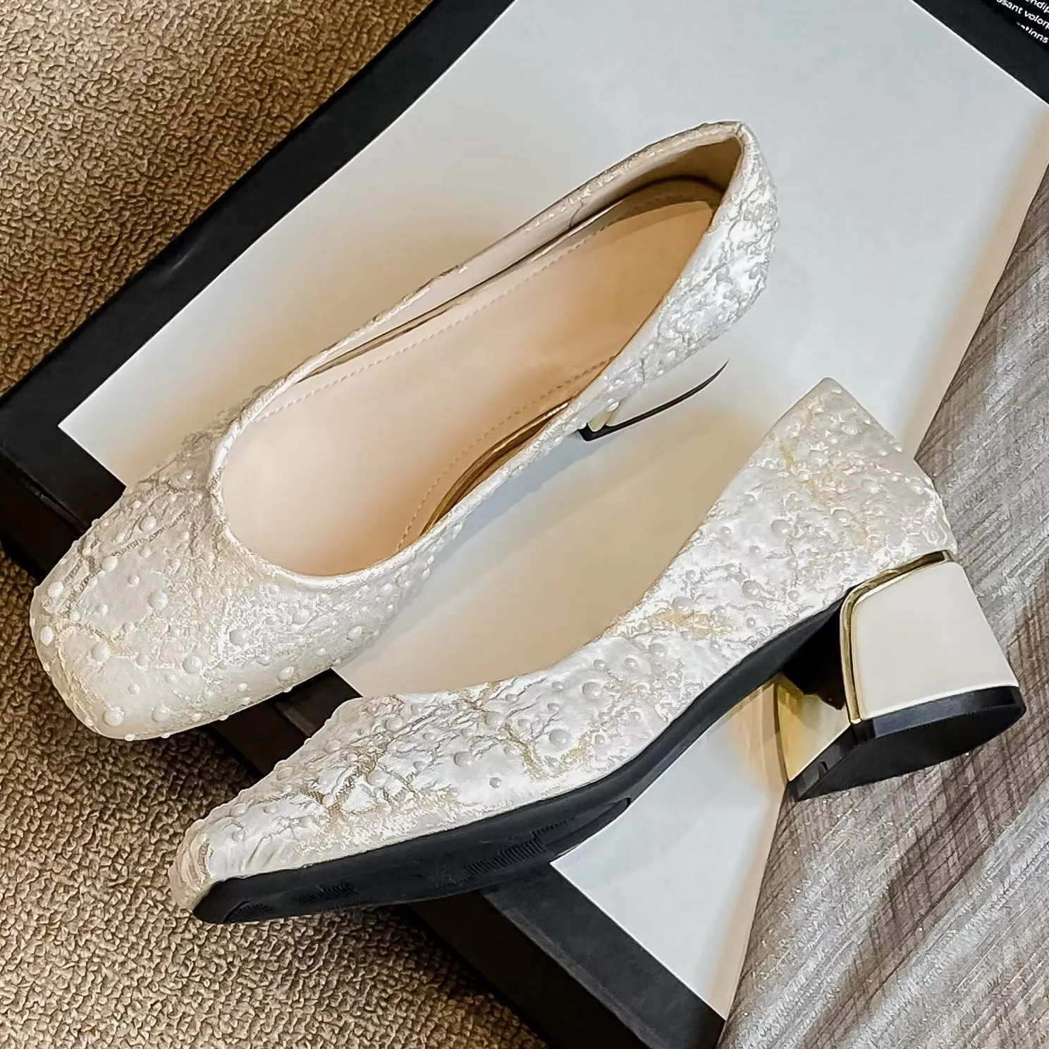 Hee grand Women's Round Toe Heeled Pumps Chunky High Heels Comfort Slip On Work Heels Sequins Dress Shoes Wide Feet Big Size