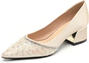 Hee grand Women's Round Toe Heeled Pumps Chunky High Heels Comfort Slip On Work Heels Sequins Dress Shoes Wide Feet Big Size