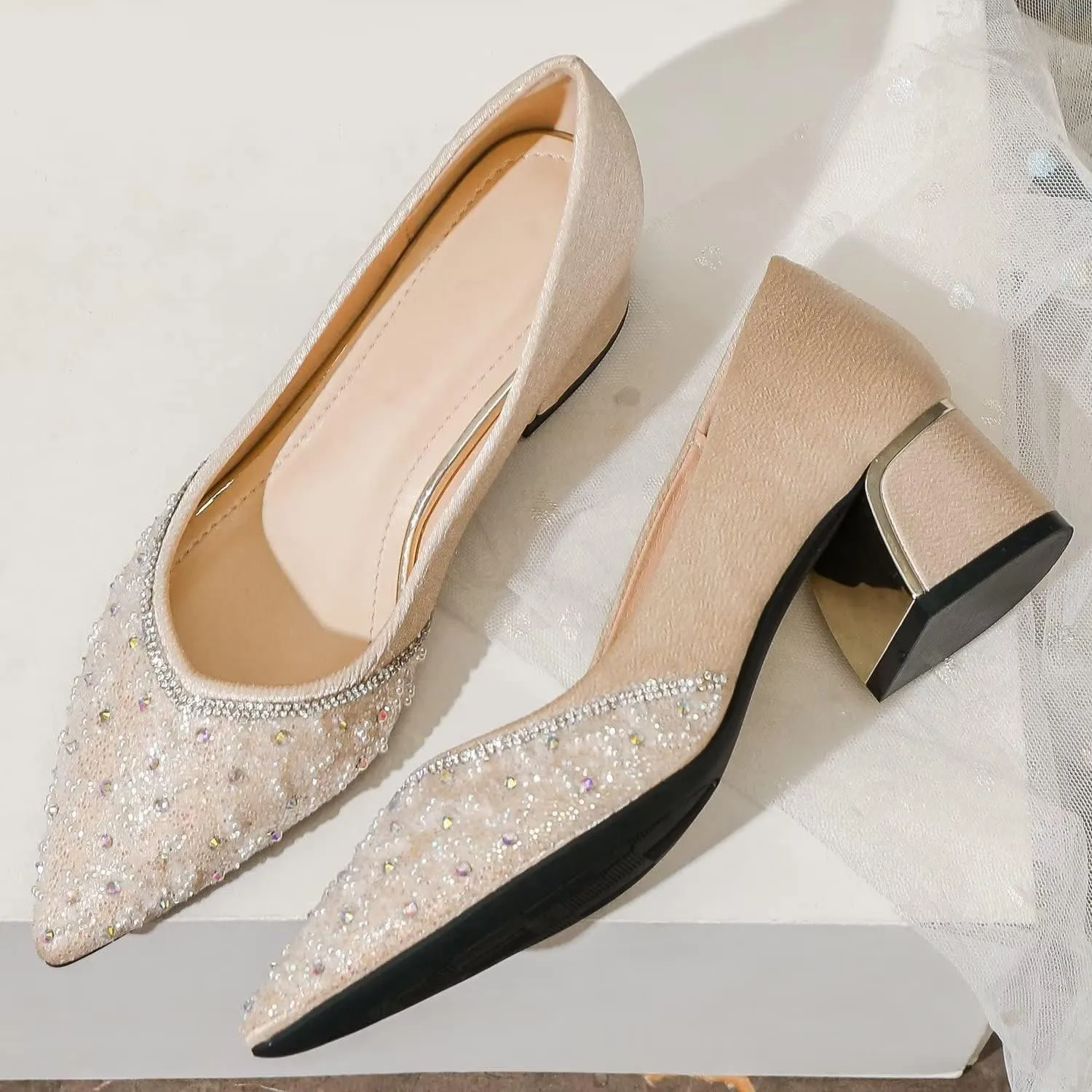 Hee grand Women's Round Toe Heeled Pumps Chunky High Heels Comfort Slip On Work Heels Sequins Dress Shoes Wide Feet Big Size