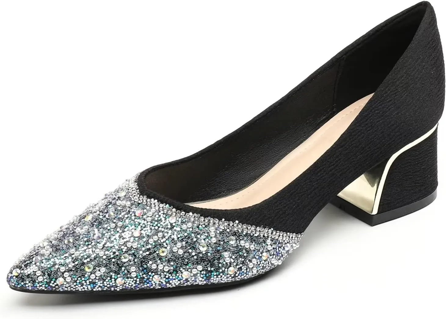 Hee grand Women's Round Toe Heeled Pumps Chunky High Heels Comfort Slip On Work Heels Sequins Dress Shoes Wide Feet Big Size