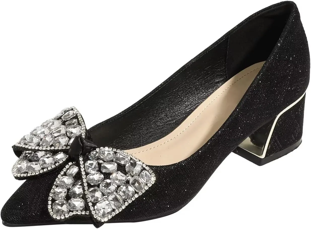 Hee grand Women's Round Toe Heeled Pumps Chunky High Heels Comfort Slip On Work Heels Sequins Dress Shoes Wide Feet Big Size