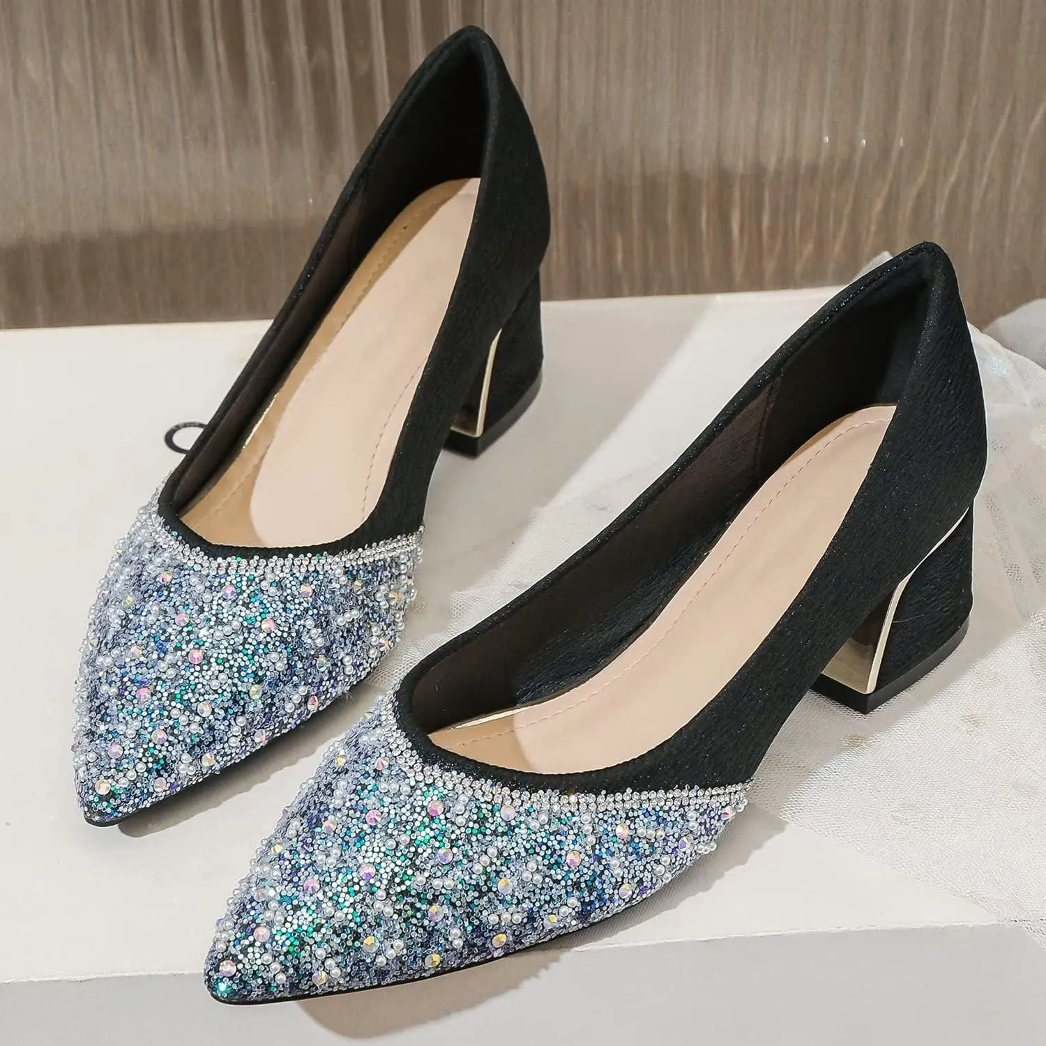 Hee grand Women's Round Toe Heeled Pumps Chunky High Heels Comfort Slip On Work Heels Sequins Dress Shoes Wide Feet Big Size