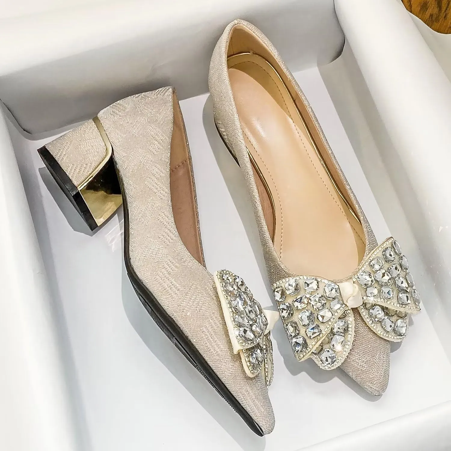 Hee grand Women's Round Toe Heeled Pumps Chunky High Heels Comfort Slip On Work Heels Sequins Dress Shoes Wide Feet Big Size
