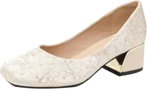 Hee grand Women's Round Toe Heeled Pumps Chunky High Heels Comfort Slip On Work Heels Sequins Dress Shoes Wide Feet Big Size