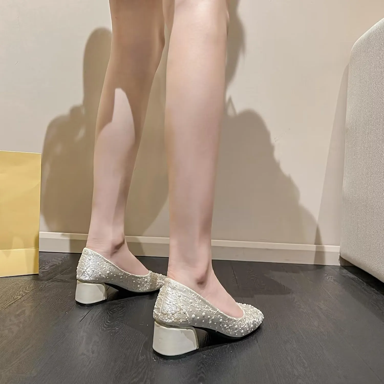 Hee grand Women's Round Toe Heeled Pumps Chunky High Heels Comfort Slip On Work Heels Sequins Dress Shoes Wide Feet Big Size