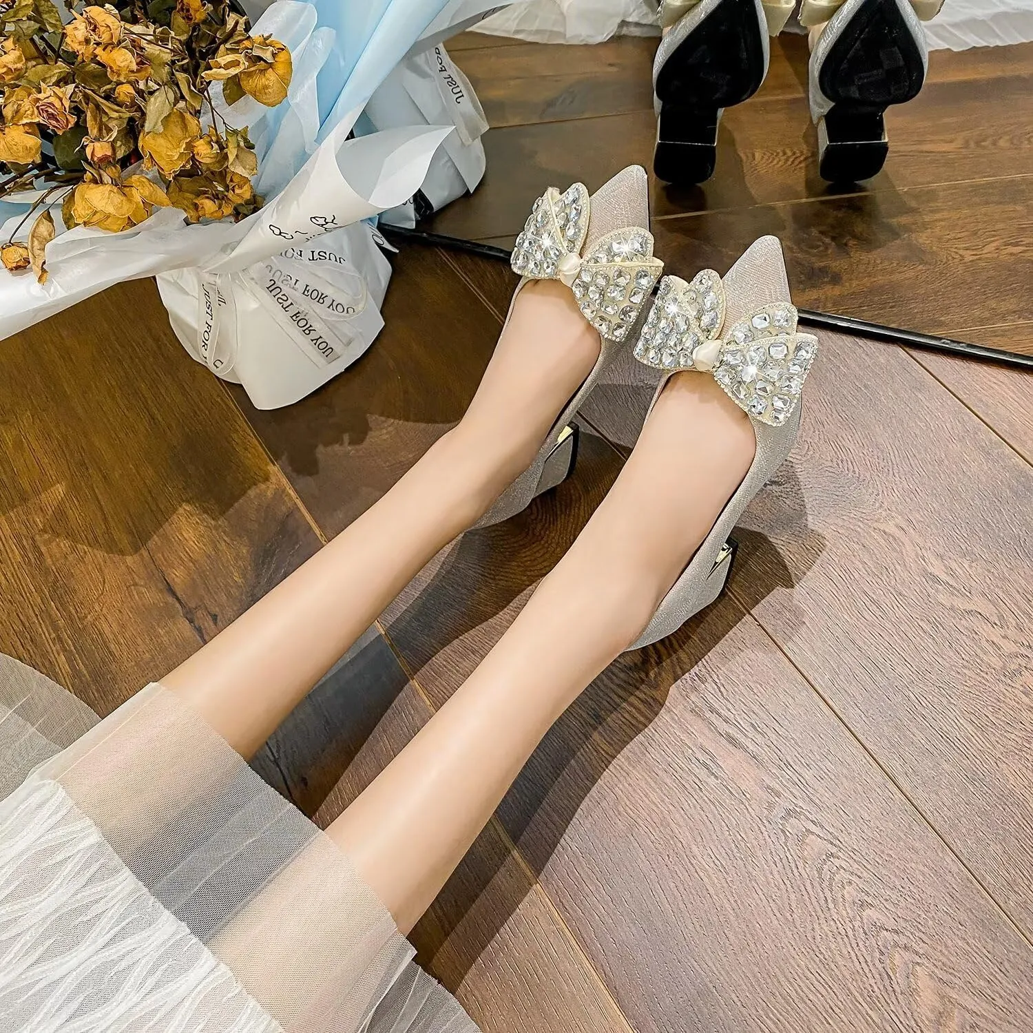 Hee grand Women's Round Toe Heeled Pumps Chunky High Heels Comfort Slip On Work Heels Sequins Dress Shoes Wide Feet Big Size