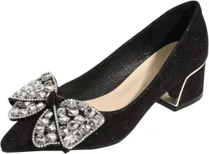 Hee grand Women's Round Toe Heeled Pumps Chunky High Heels Comfort Slip On Work Heels Sequins Dress Shoes Wide Feet Big Size