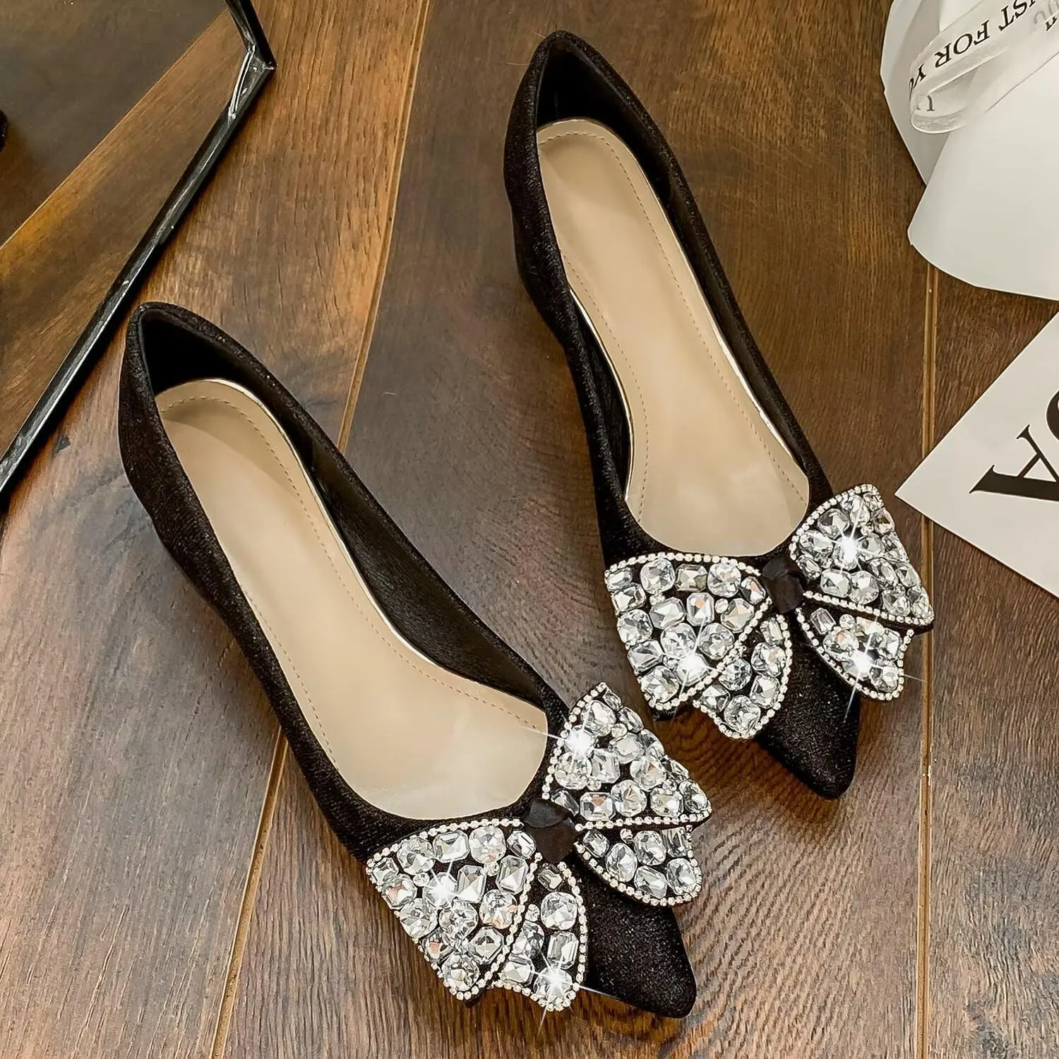 Hee grand Women's Round Toe Heeled Pumps Chunky High Heels Comfort Slip On Work Heels Sequins Dress Shoes Wide Feet Big Size