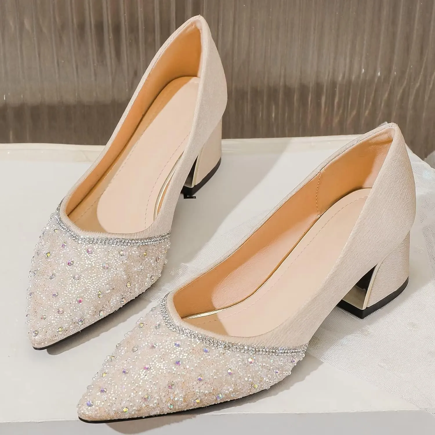 Hee grand Women's Round Toe Heeled Pumps Chunky High Heels Comfort Slip On Work Heels Sequins Dress Shoes Wide Feet Big Size