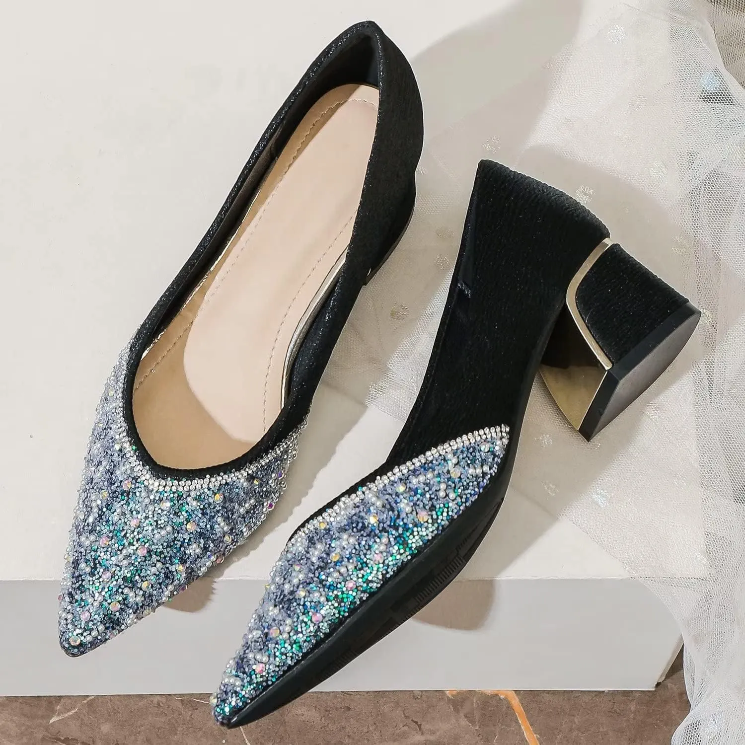 Hee grand Women's Round Toe Heeled Pumps Chunky High Heels Comfort Slip On Work Heels Sequins Dress Shoes Wide Feet Big Size