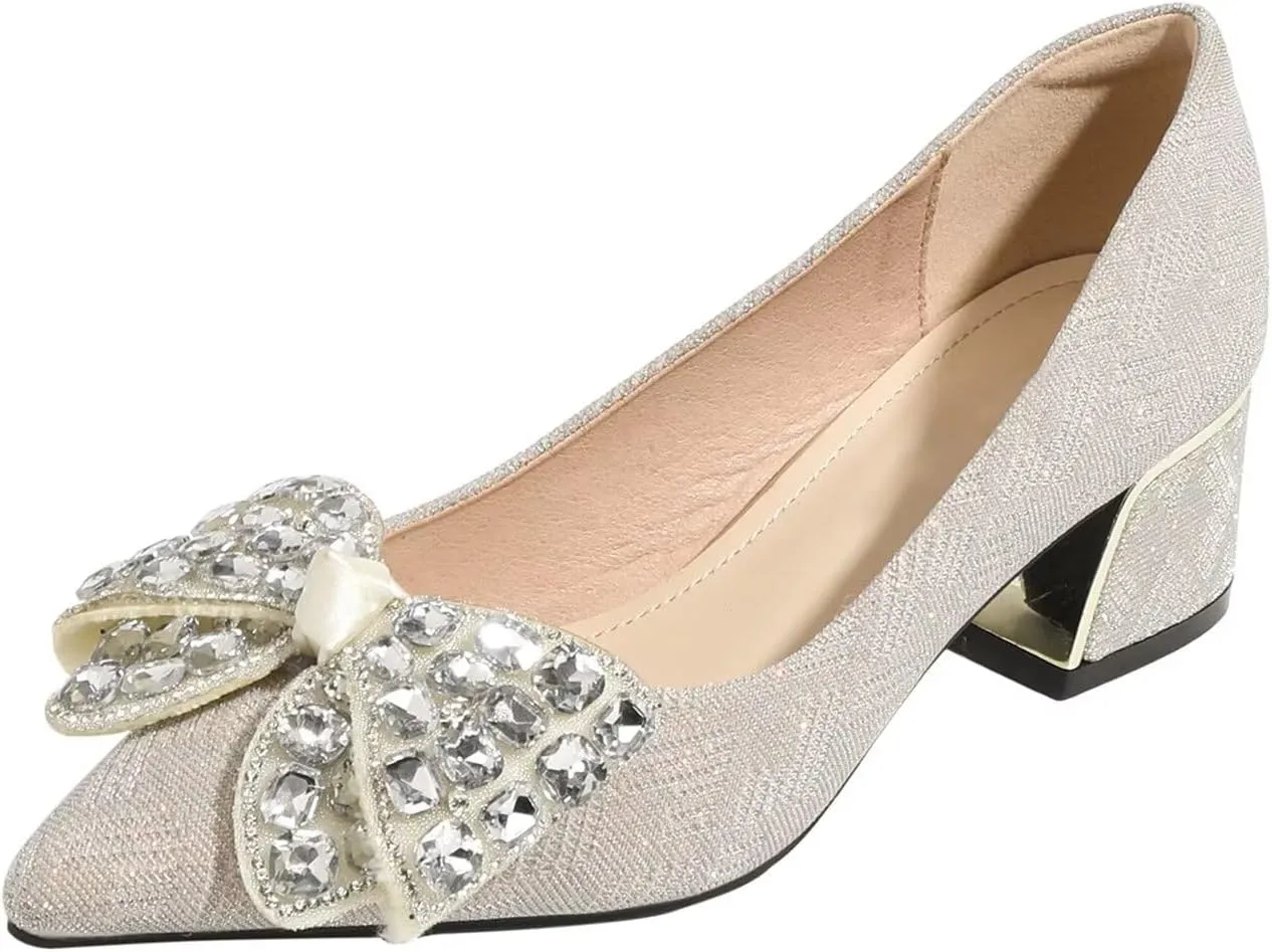 Hee grand Women's Round Toe Heeled Pumps Chunky High Heels Comfort Slip On Work Heels Sequins Dress Shoes Wide Feet Big Size
