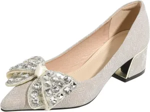 Hee grand Women's Round Toe Heeled Pumps Chunky High Heels Comfort Slip On Work Heels Sequins Dress Shoes Wide Feet Big Size