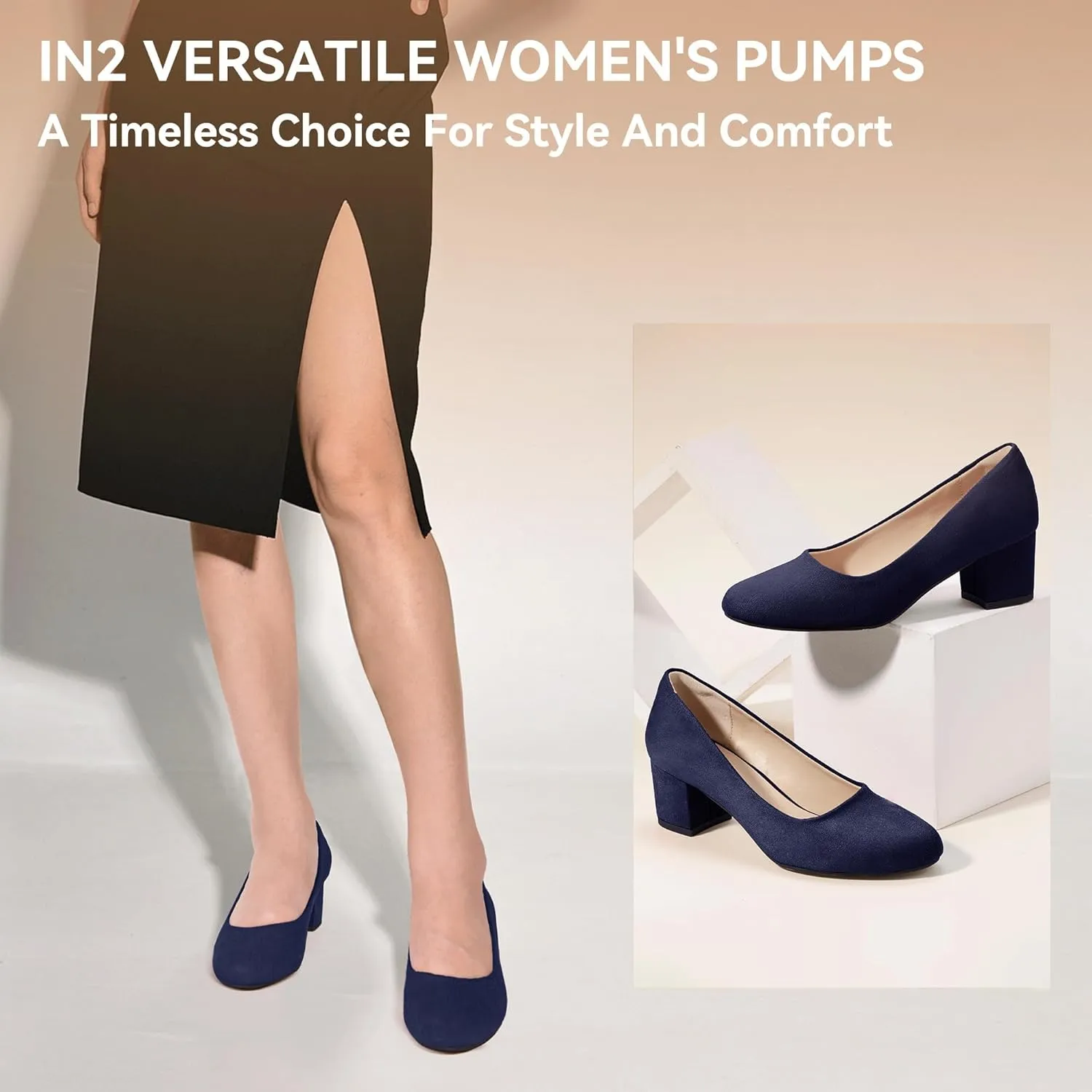 IDIFU IN2 Women's Pumps Low Chunky Block Closed Toe Heels Comfortable Short Dress Shoes for Women Ladies Flight Attendant Wedding Bridal Homecoming Work Heels Dressy Formal Round Toe Pumps Shoes