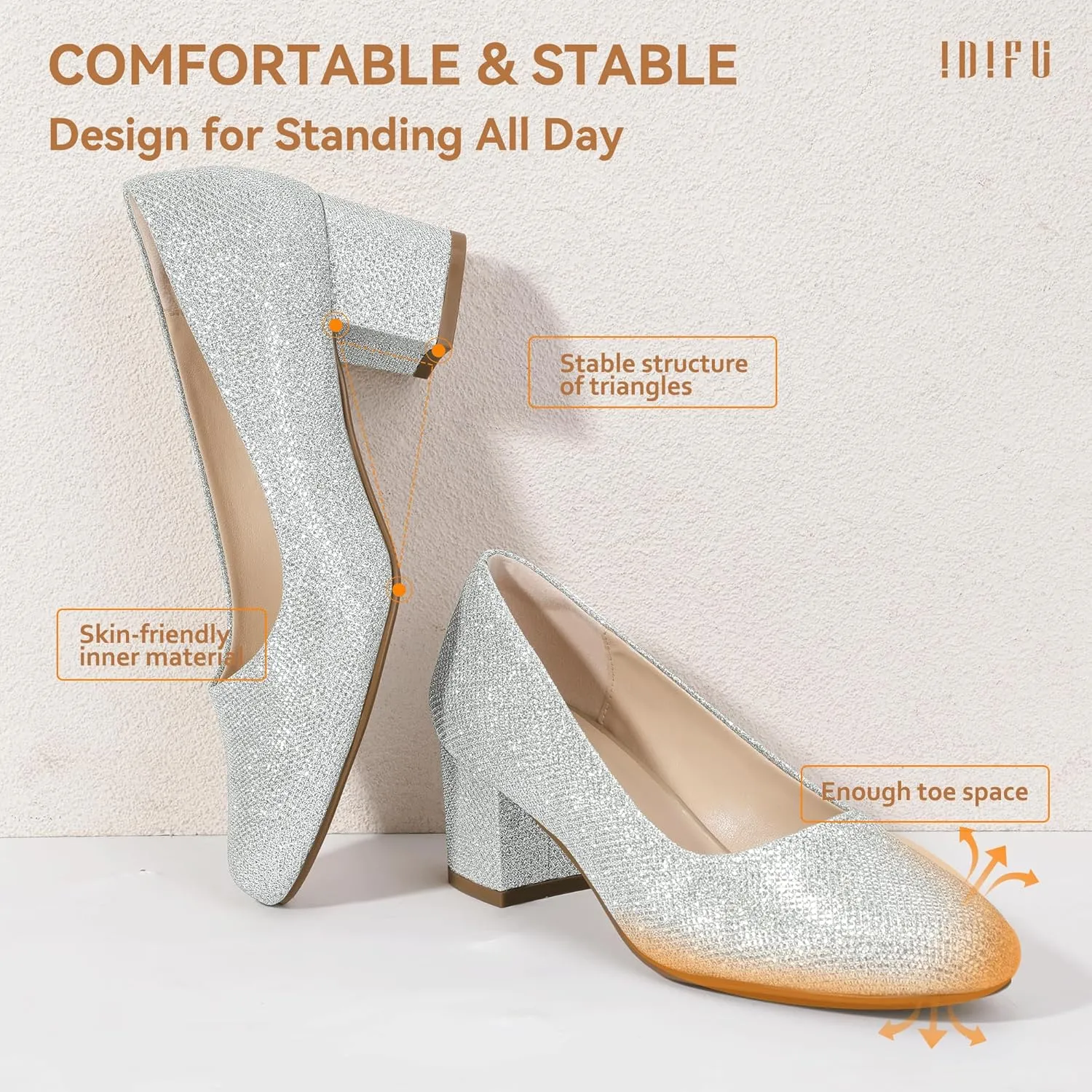 IDIFU IN2 Women's Pumps Low Chunky Block Closed Toe Heels Comfortable Short Dress Shoes for Women Ladies Flight Attendant Wedding Bridal Homecoming Work Heels Dressy Formal Round Toe Pumps Shoes