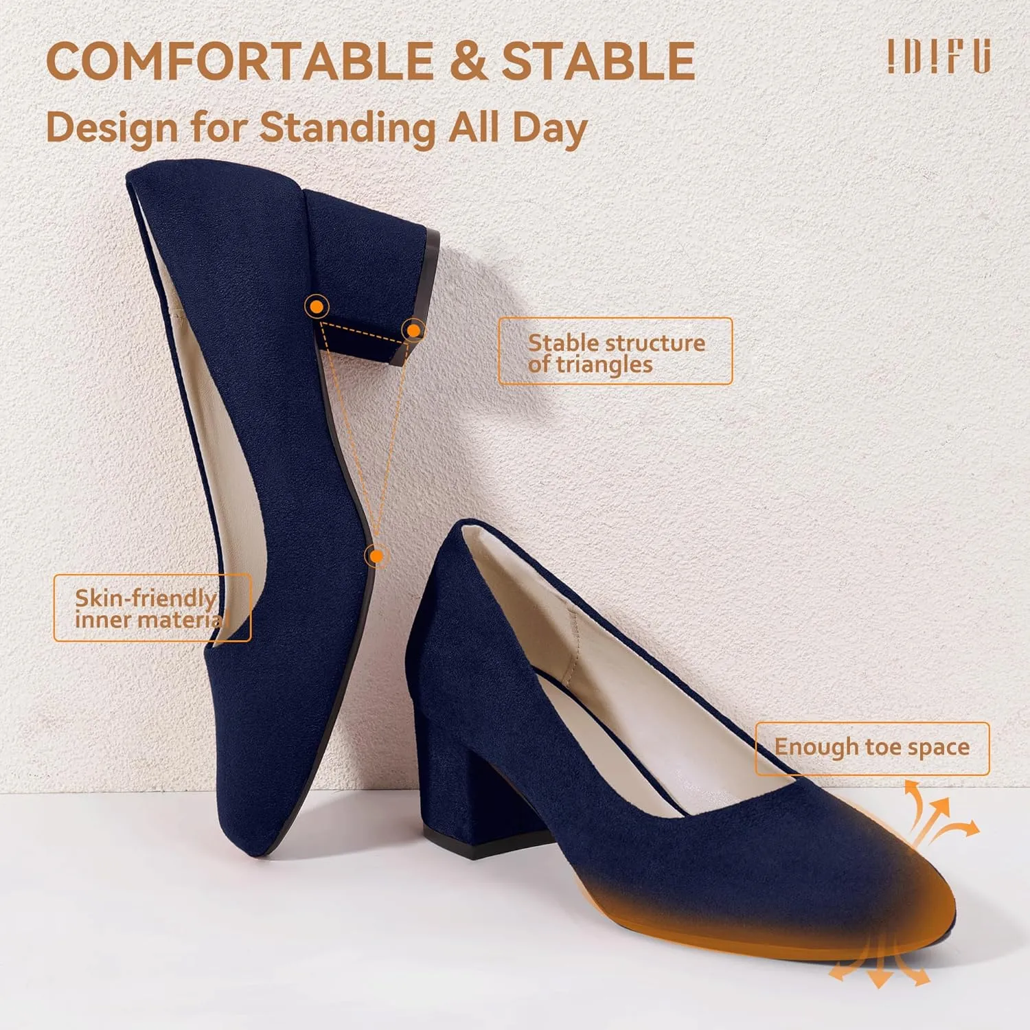 IDIFU IN2 Women's Pumps Low Chunky Block Closed Toe Heels Comfortable Short Dress Shoes for Women Ladies Flight Attendant Wedding Bridal Homecoming Work Heels Dressy Formal Round Toe Pumps Shoes