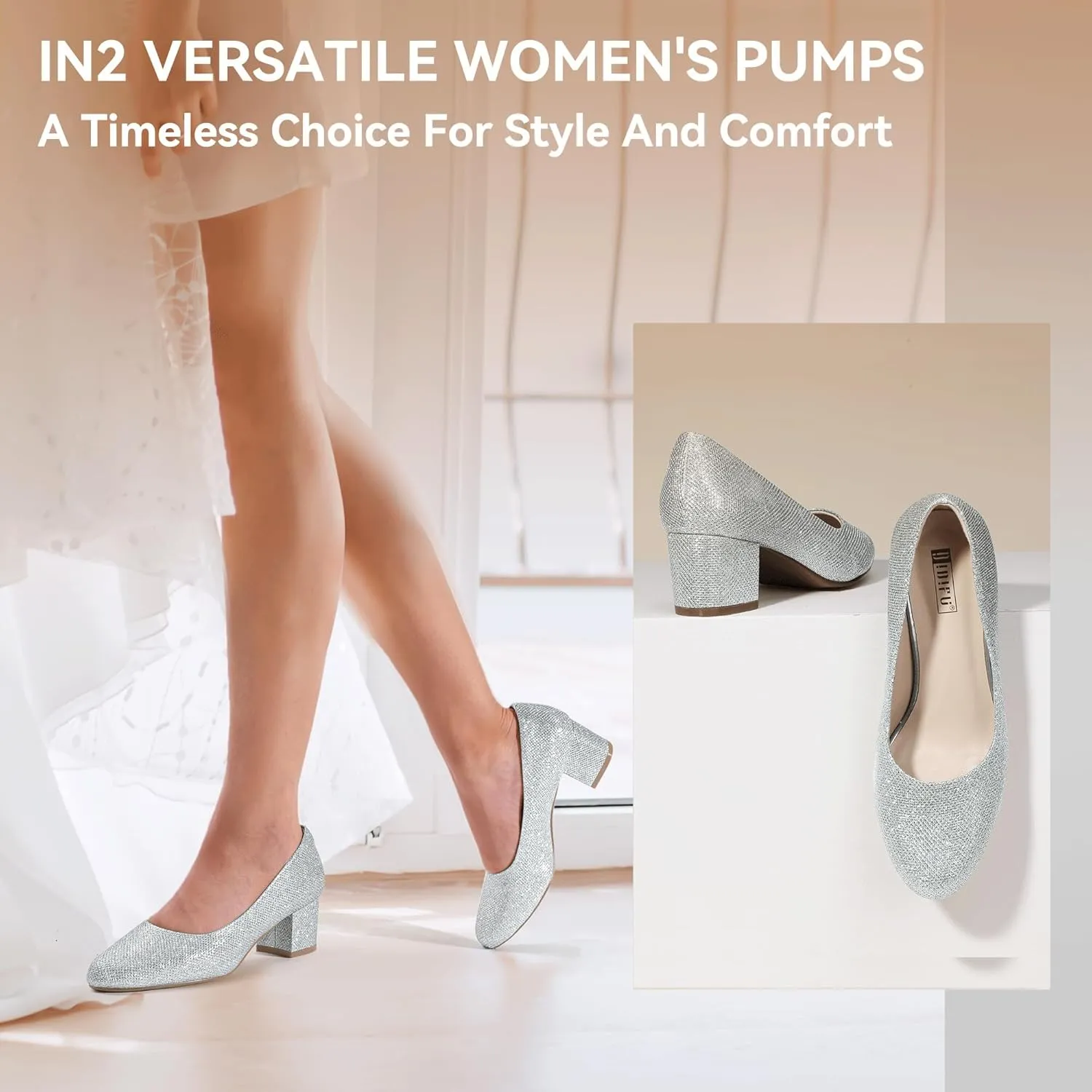 IDIFU IN2 Women's Pumps Low Chunky Block Closed Toe Heels Comfortable Short Dress Shoes for Women Ladies Flight Attendant Wedding Bridal Homecoming Work Heels Dressy Formal Round Toe Pumps Shoes