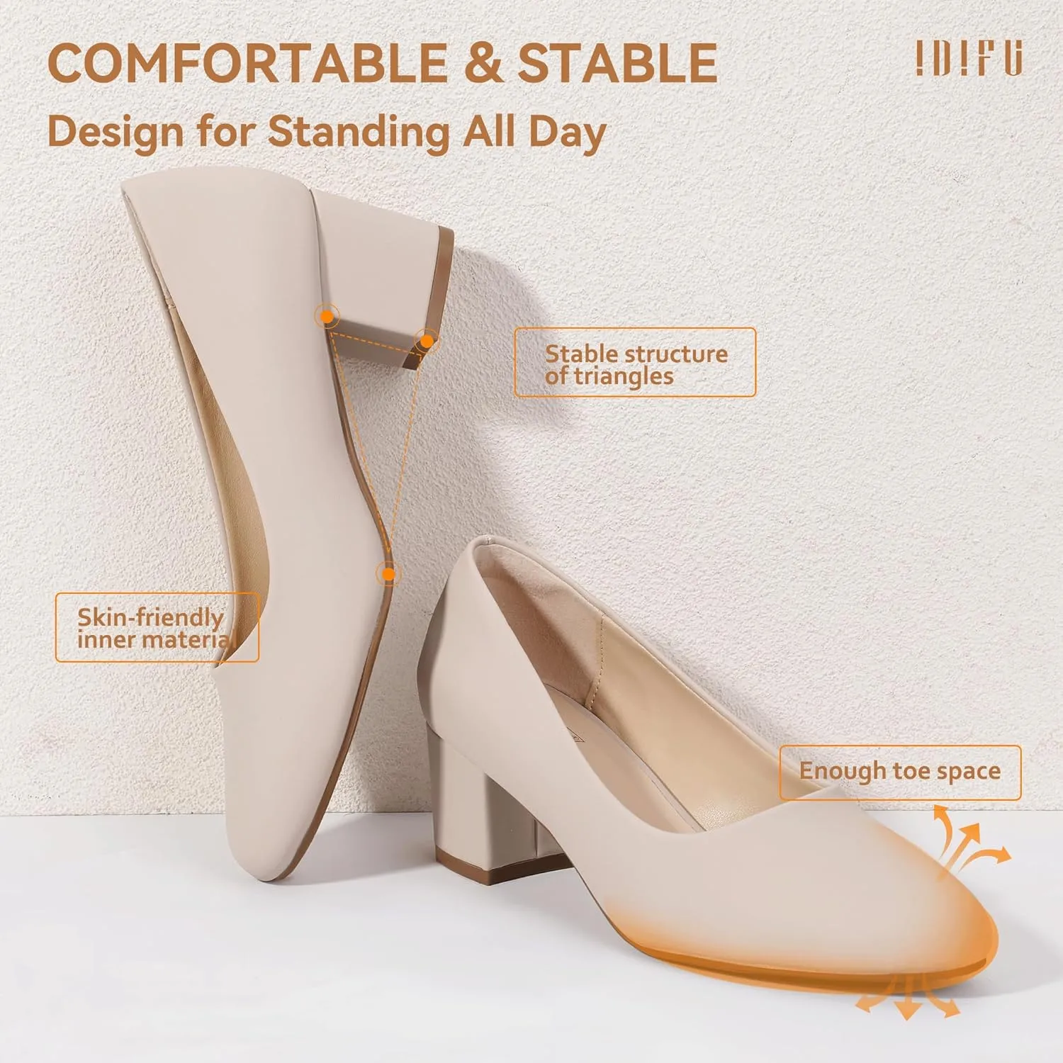 IDIFU IN2 Women's Pumps Low Chunky Block Closed Toe Heels Comfortable Short Dress Shoes for Women Ladies Flight Attendant Wedding Bridal Homecoming Work Heels Dressy Formal Round Toe Pumps Shoes