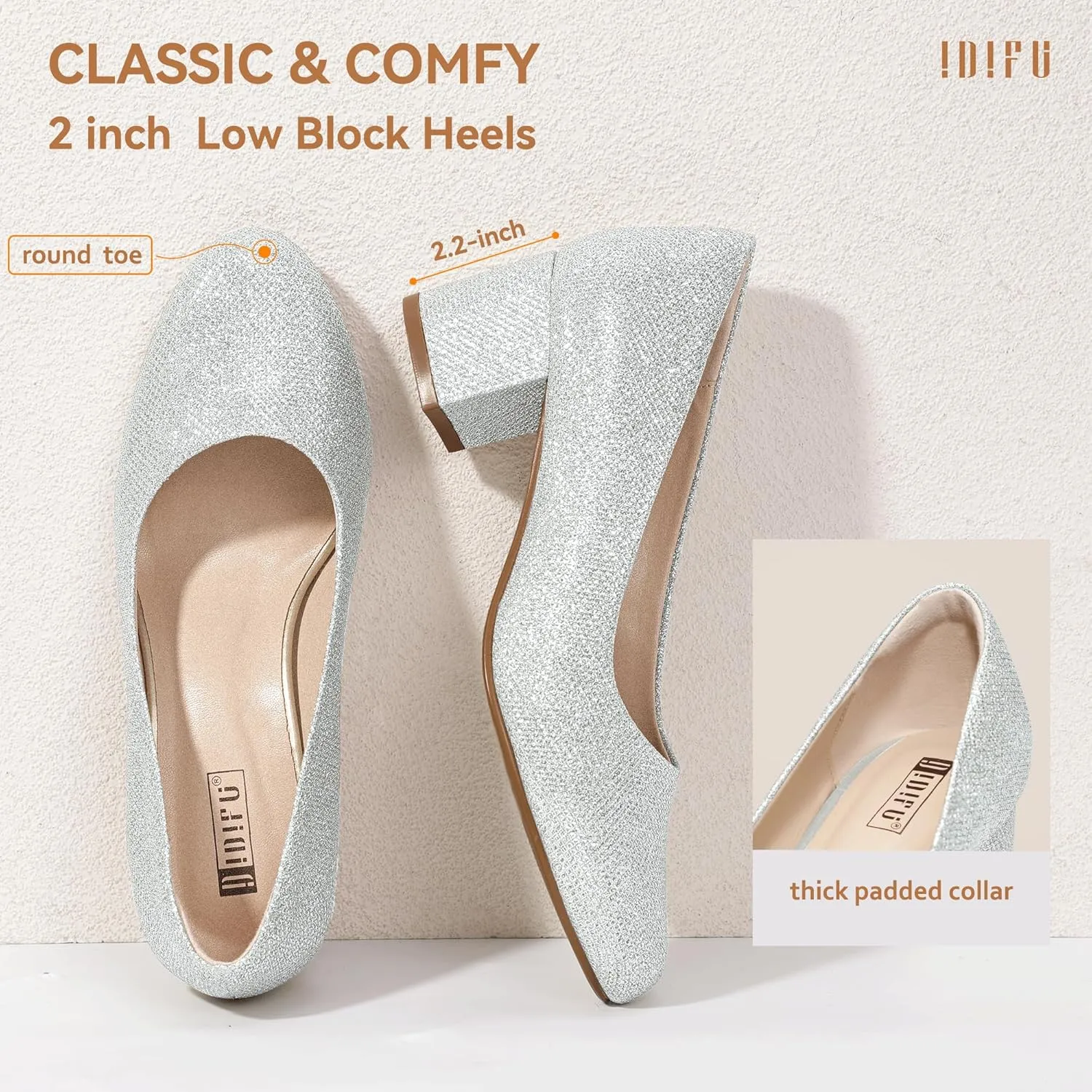 IDIFU IN2 Women's Pumps Low Chunky Block Closed Toe Heels Comfortable Short Dress Shoes for Women Ladies Flight Attendant Wedding Bridal Homecoming Work Heels Dressy Formal Round Toe Pumps Shoes