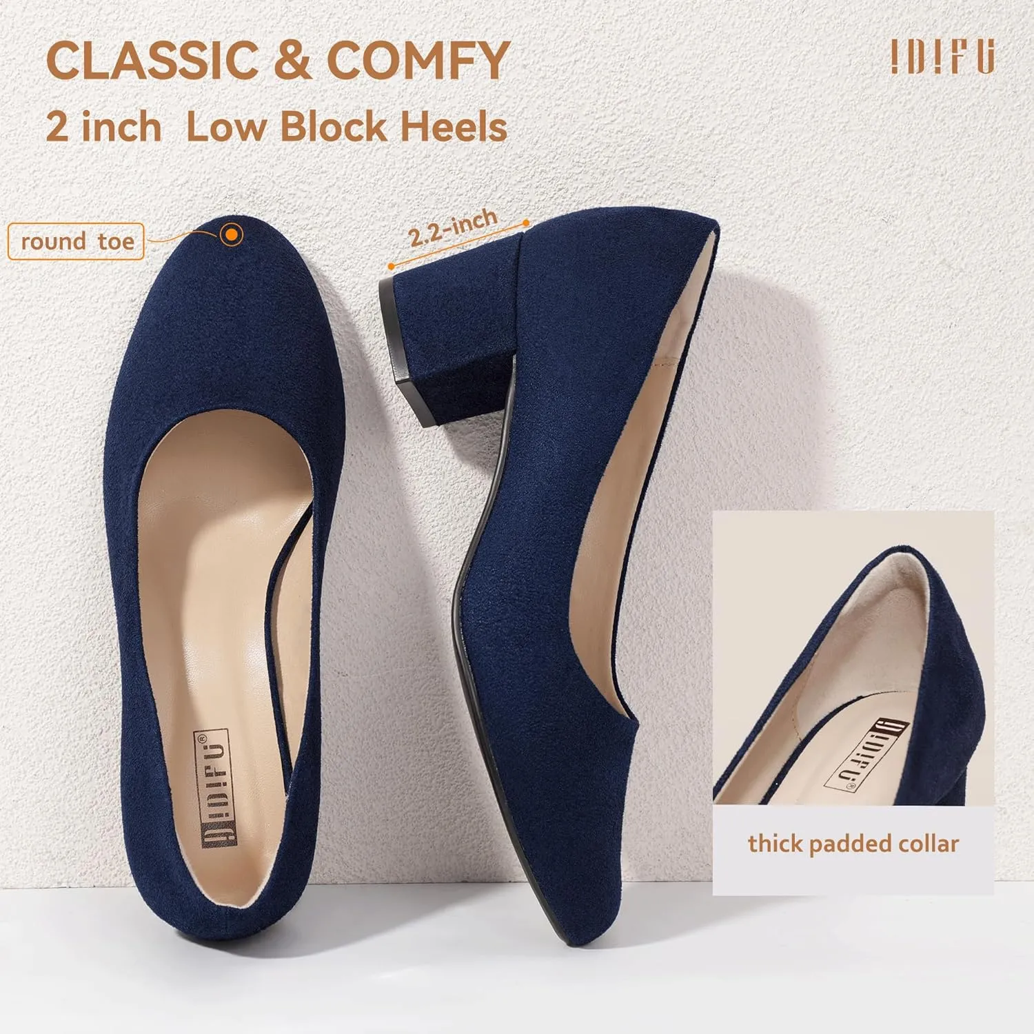 IDIFU IN2 Women's Pumps Low Chunky Block Closed Toe Heels Comfortable Short Dress Shoes for Women Ladies Flight Attendant Wedding Bridal Homecoming Work Heels Dressy Formal Round Toe Pumps Shoes