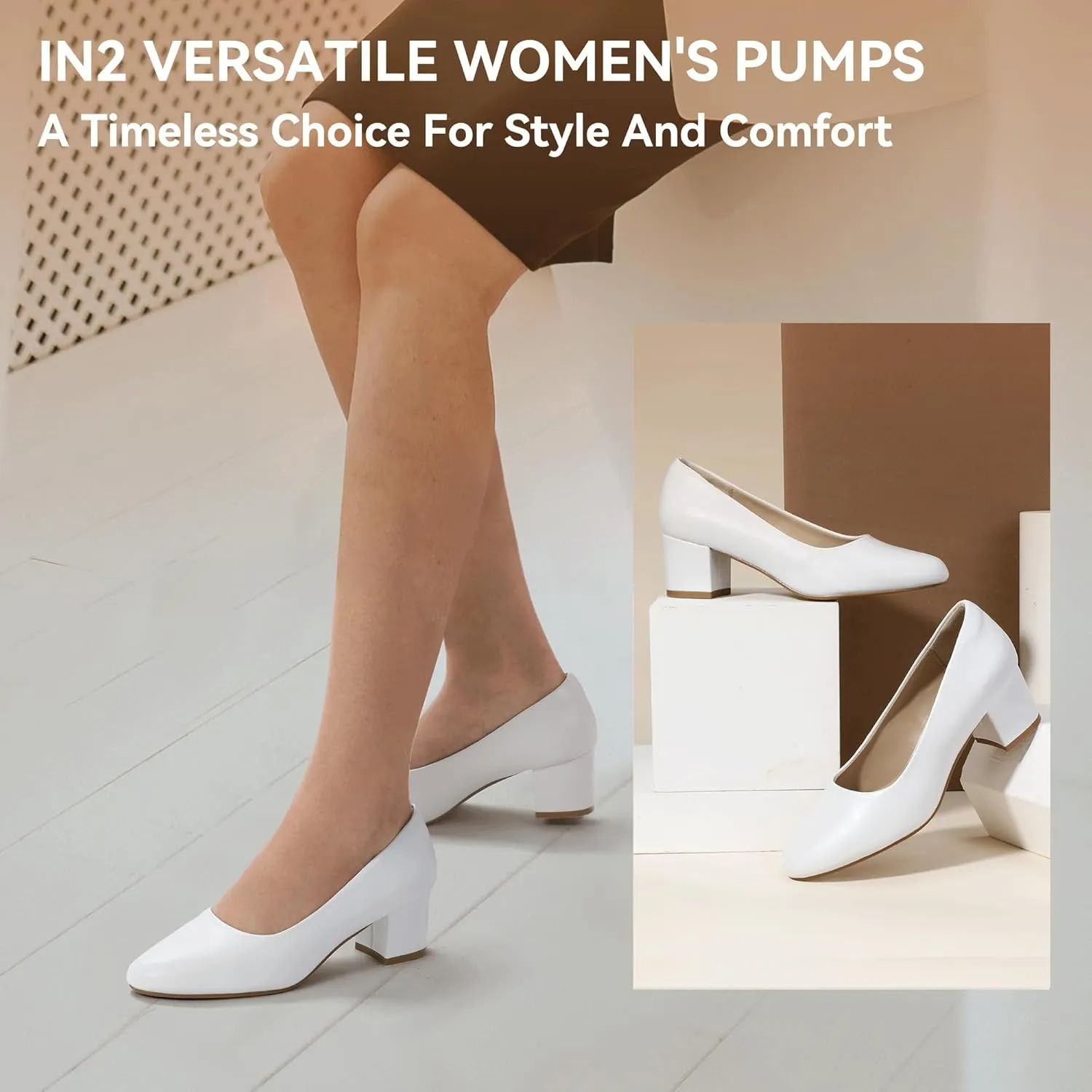 IDIFU IN2 Women's Pumps Low Chunky Block Closed Toe Heels Comfortable Short Dress Shoes for Women Ladies Flight Attendant Wedding Bridal Homecoming Work Heels Dressy Formal Round Toe Pumps Shoes