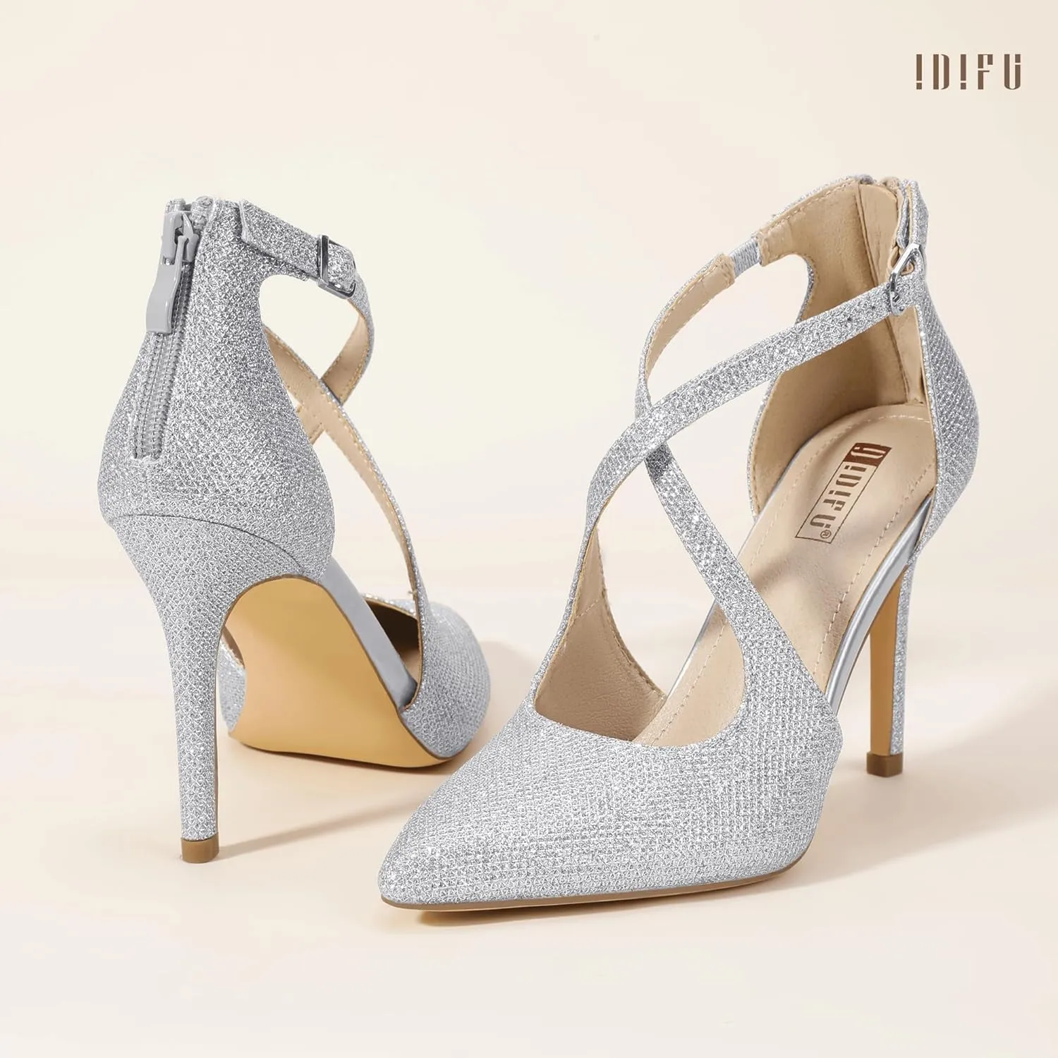 IDIFU IN4 Women's Pumps Closed Toe Heels Stiletto High Heels Strappy Heels Wedding Bridal Office Homecoming Work Prom Dress Shoes for Women Bride Comfortable Dressy Formal Pointed Toe Zip Pumps Heels