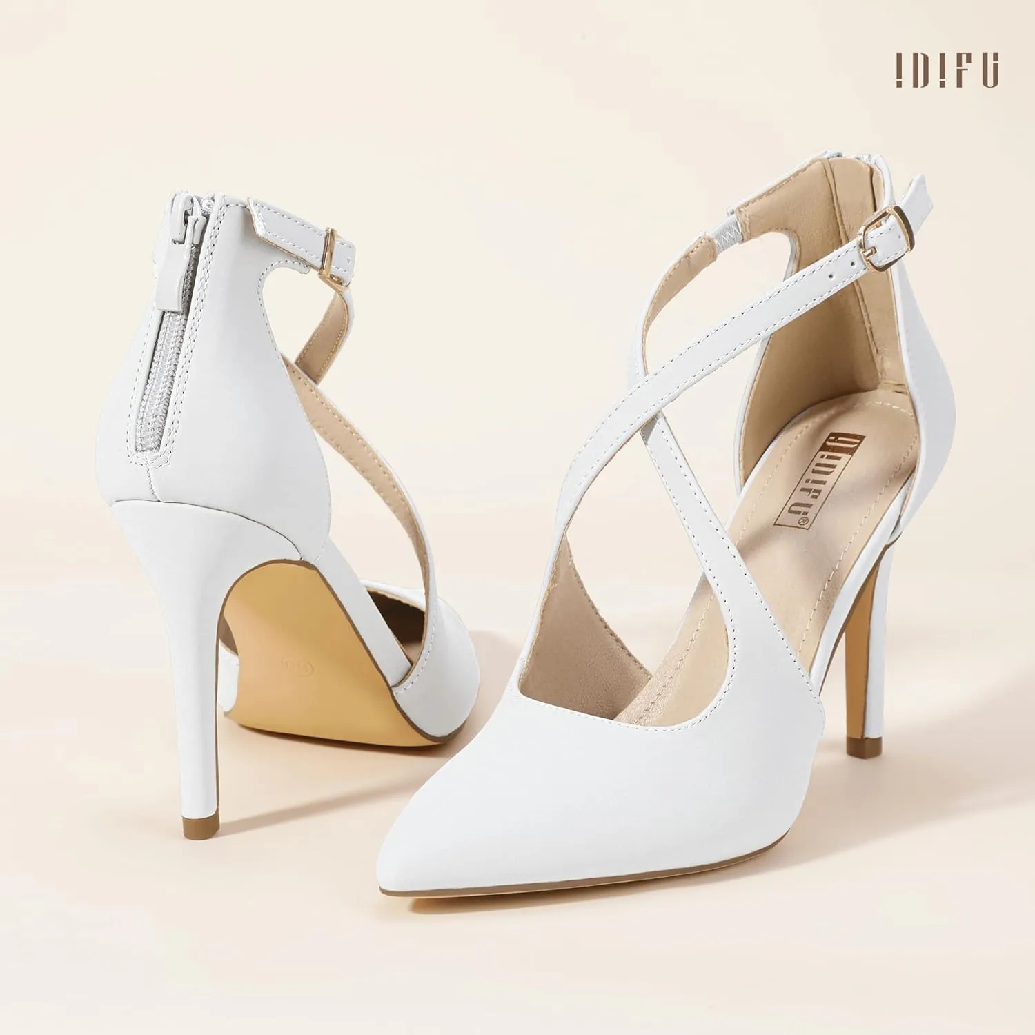 IDIFU IN4 Women's Pumps Closed Toe Heels Stiletto High Heels Strappy Heels Wedding Bridal Office Homecoming Work Prom Dress Shoes for Women Bride Comfortable Dressy Formal Pointed Toe Zip Pumps Heels