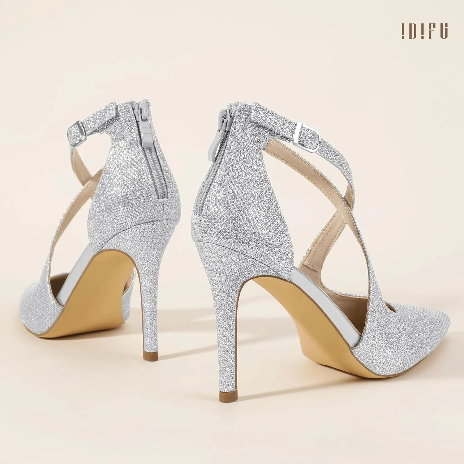 IDIFU IN4 Women's Pumps Closed Toe Heels Stiletto High Heels Strappy Heels Wedding Bridal Office Homecoming Work Prom Dress Shoes for Women Bride Comfortable Dressy Formal Pointed Toe Zip Pumps Heels