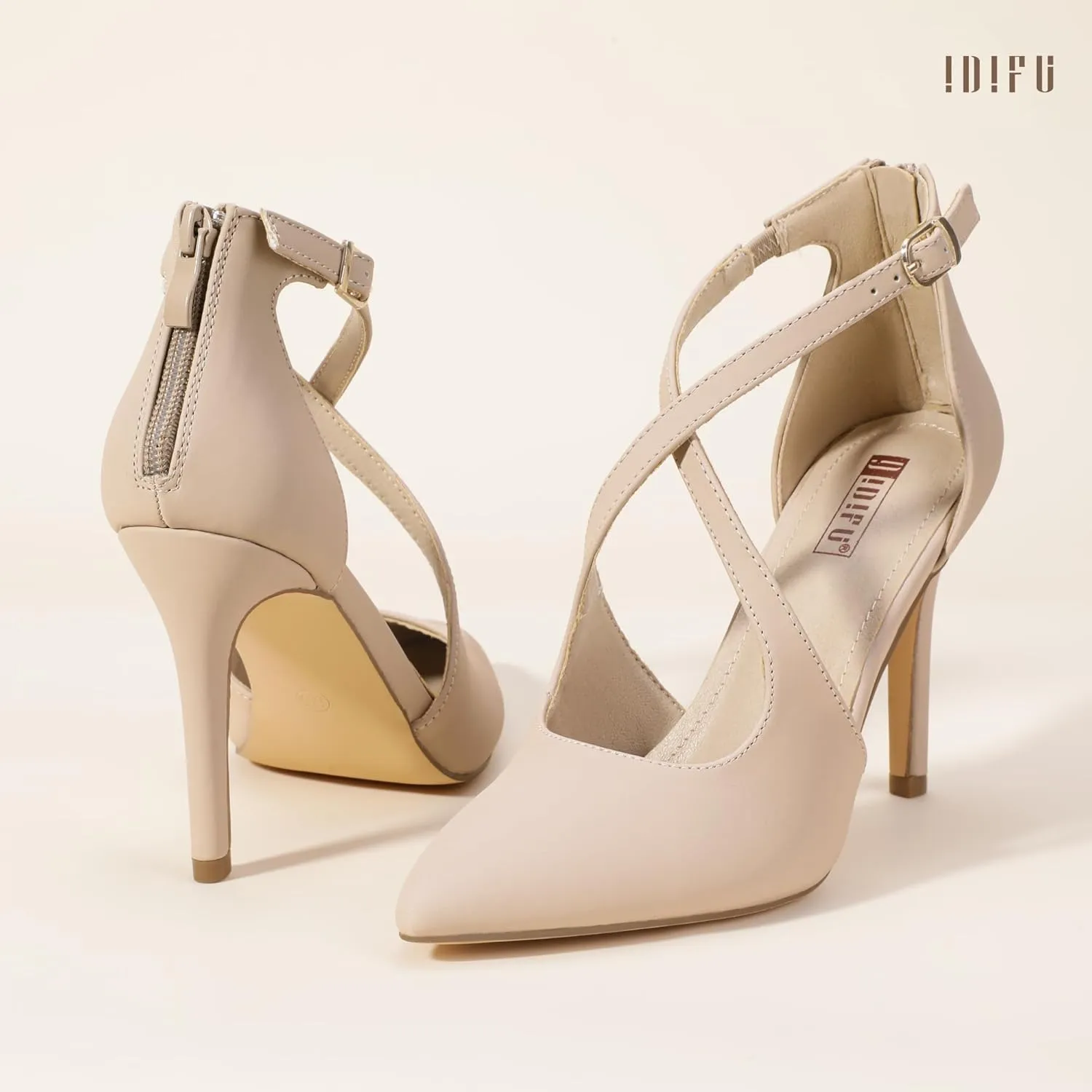 IDIFU IN4 Women's Pumps Closed Toe Heels Stiletto High Heels Strappy Heels Wedding Bridal Office Homecoming Work Prom Dress Shoes for Women Bride Comfortable Dressy Formal Pointed Toe Zip Pumps Heels