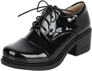 KOKOMOMO Womens Patent Leather Platform Oxfords Chunky Lace Up Pumps