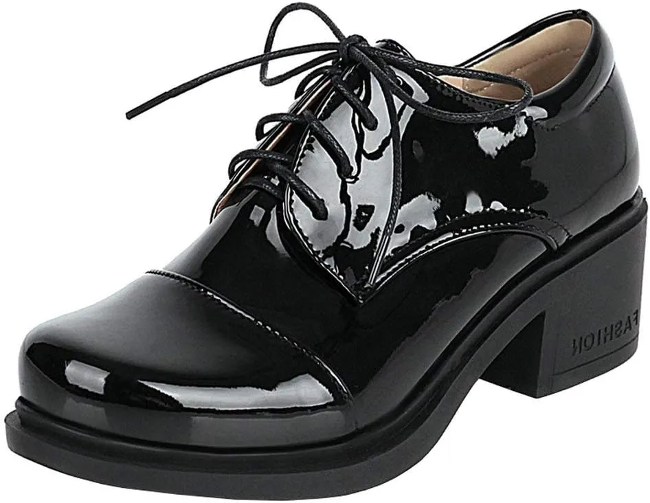 KOKOMOMO Womens Patent Leather Platform Oxfords Chunky Lace Up Pumps