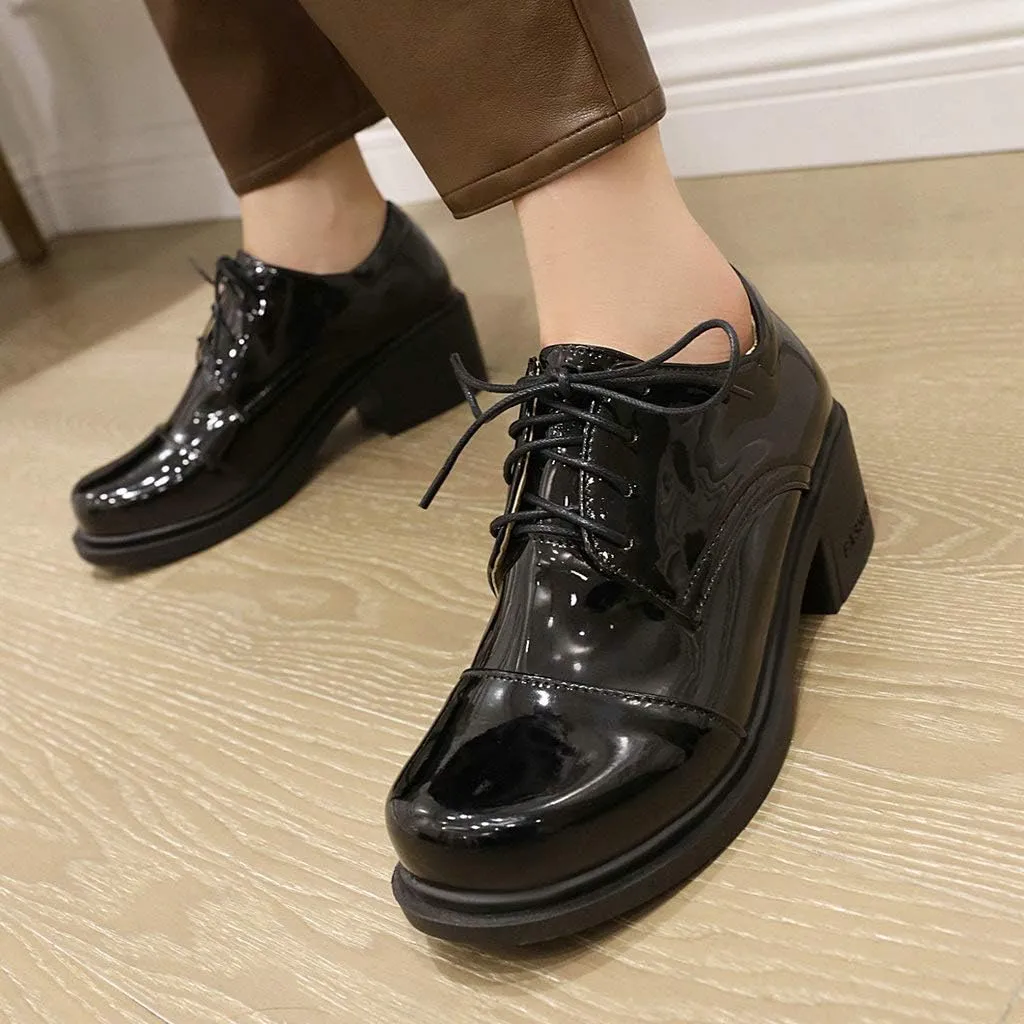 KOKOMOMO Womens Patent Leather Platform Oxfords Chunky Lace Up Pumps
