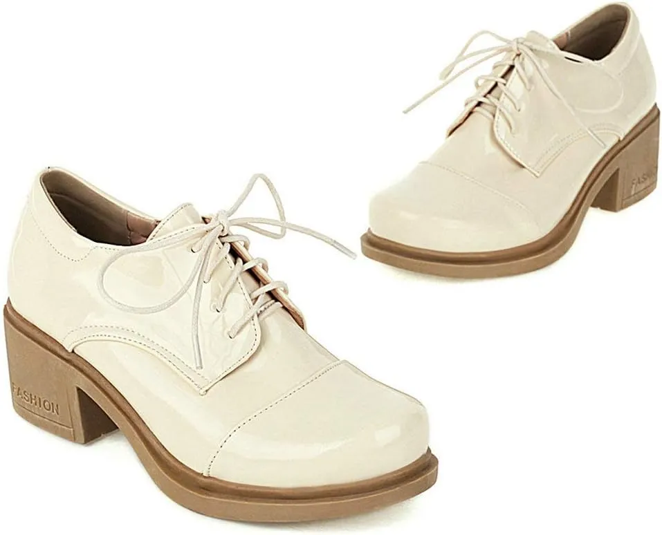 KOKOMOMO Womens Patent Leather Platform Oxfords Chunky Lace Up Pumps