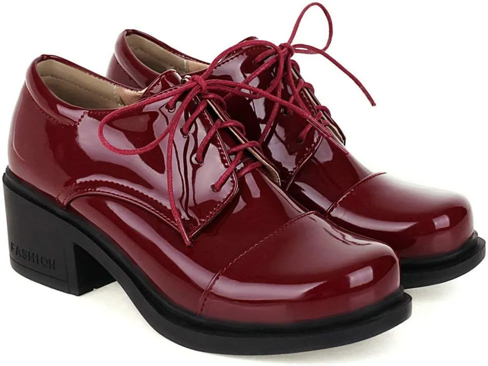 KOKOMOMO Womens Patent Leather Platform Oxfords Chunky Lace Up Pumps