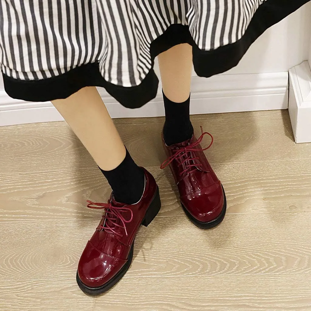 KOKOMOMO Womens Patent Leather Platform Oxfords Chunky Lace Up Pumps