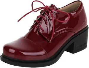 KOKOMOMO Womens Patent Leather Platform Oxfords Chunky Lace Up Pumps