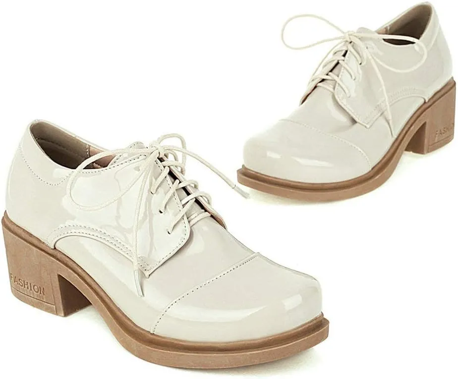 KOKOMOMO Womens Patent Leather Platform Oxfords Chunky Lace Up Pumps
